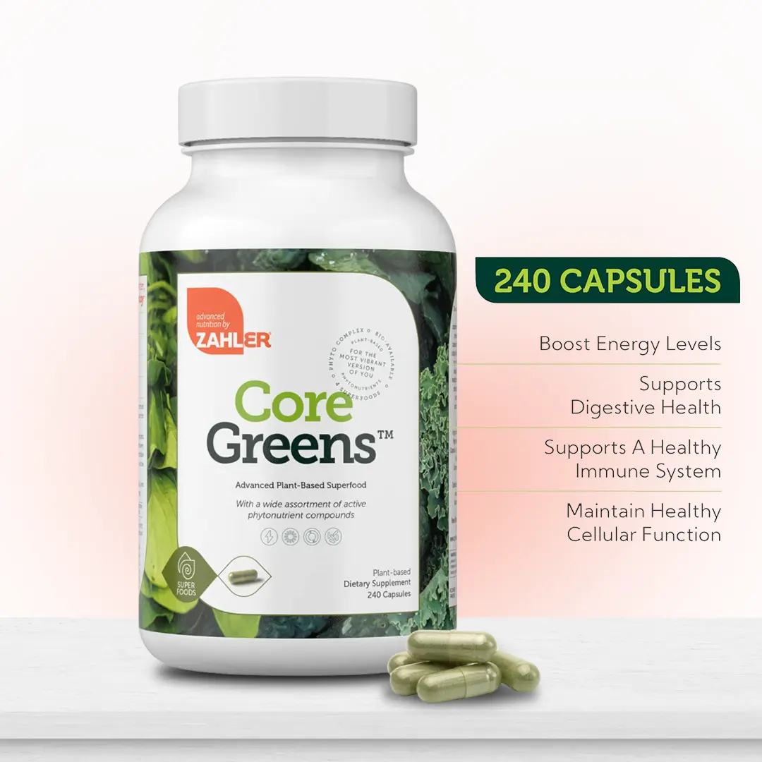 Zahler Core Greens Superfood Capsules with Spirulina & Chlorella 240 Vegan Capsules Boost Energy Stamina Support Digestion & Immune Health Made in USA