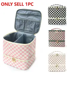 Double Layer Checkered Makeup Case, Vintage Striped Fabric Cosmetic Organizer with Portable Handle, Multi-color Travel Makeup Box with Divided Storage, Large Capacity Beauty Bag for Women & Girls