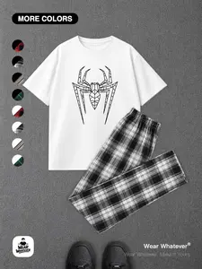 Classic Spider Print Graphic T-Shirt & Plaid Pants Set, Comfortable Breathable Loose-Fit Casual Wear, Ideal for Daily Home Use