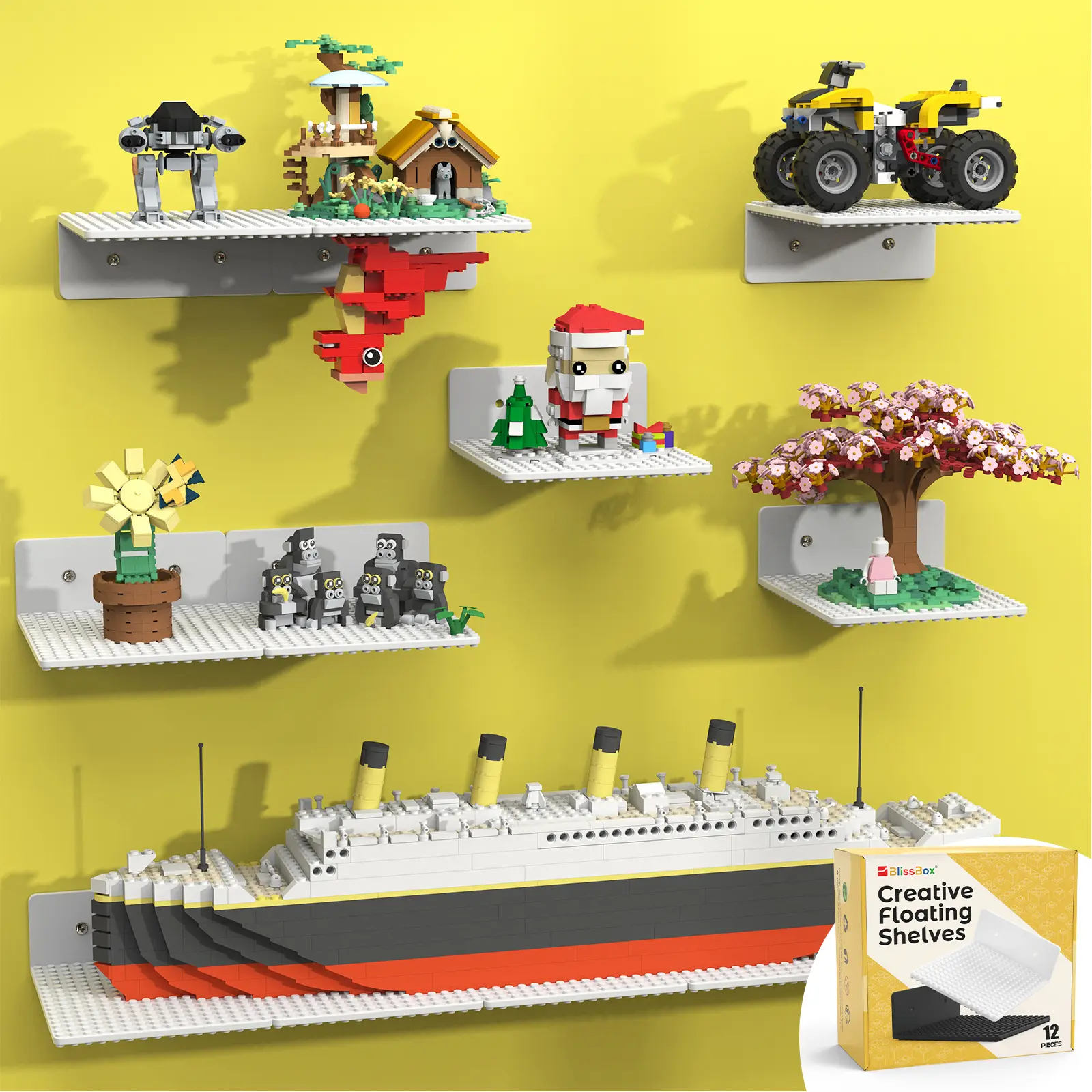 BlissBox Dual Sided 12-Pack Floating Shelves for Wall Compatible with Lego Building Bricks, 5x5.5inch 16x17 Studs for Minifigures Toy Brick Storage and Display, ABS Display Shelves for Room Decor, White