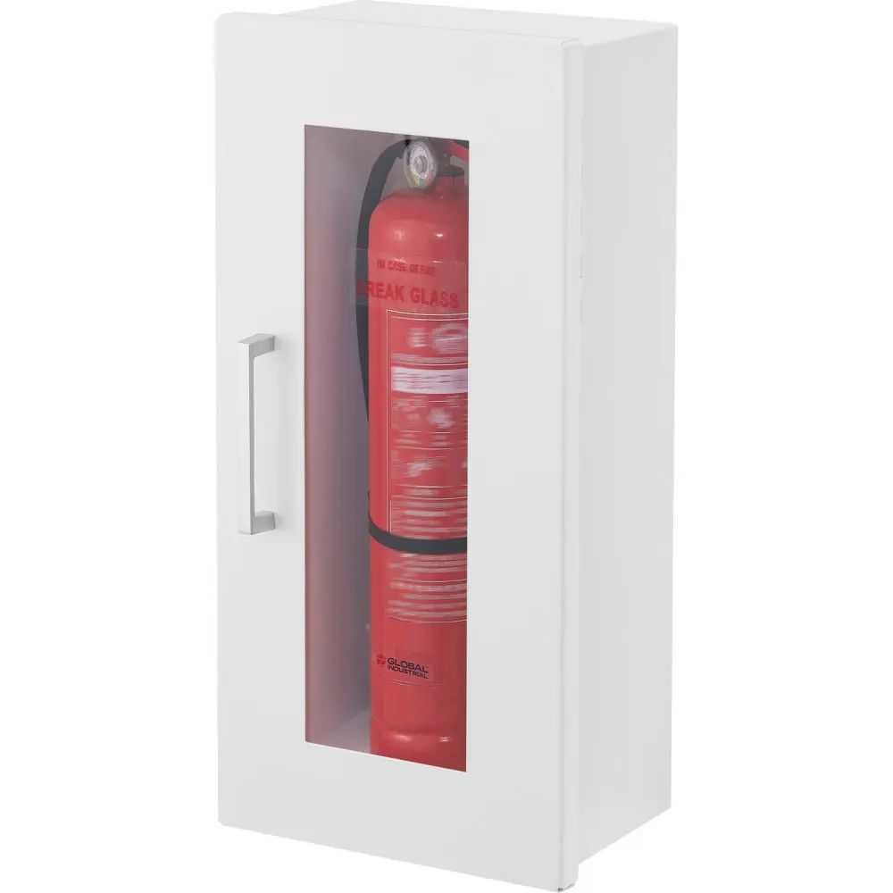 Global Industrial 670597 Steel Office Fire Extinguisher Cabinet, Surface Mount, 18'' Height, 6'' Width, 8'' Depth, Cabinet w/ Window, Easy-Use Pull Handle, Fire Storage, Fits 2.5-5 lbs Extinguishers, Easy-To-Use Pull Handle