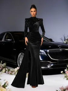 Elegant Velvet Mermaid Tail Long Dress, Embroidered Sparkling Sequins, Luxurious Evening Gown for Celebrations, Weddings, Cannes Parties, Formal Wear