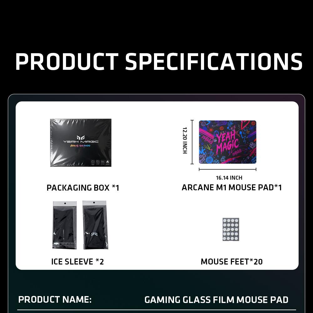 YEAH MAGIC Arcane M1 Micro-Etched Glass Gaming Mouse Pad - Hard Computer Mousepad for PC Gaming Setup, Anti-Slip Base, 12.2×16.14in Bundle with Arm Sleeve, Speed Mouse Skates, Hard Mousepad, Computer Mouse Pad