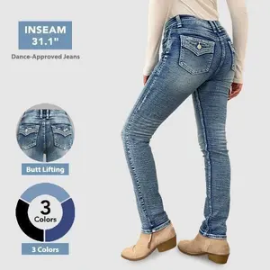 Flamingals Embroidery Flap Pocket High Stretch Mid Waist Bootcut Jeans Womenswear Denim Bottoms Fitted Pants Chic Comfort Blue Fashionable