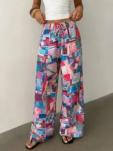 Women's Boho Patchwork Print Wide Leg Pants, All Over Print, Elastic Waist Loose Fit, Casual Summer Beach Vacation Daily Wear, Breathable Comfortable Fabric