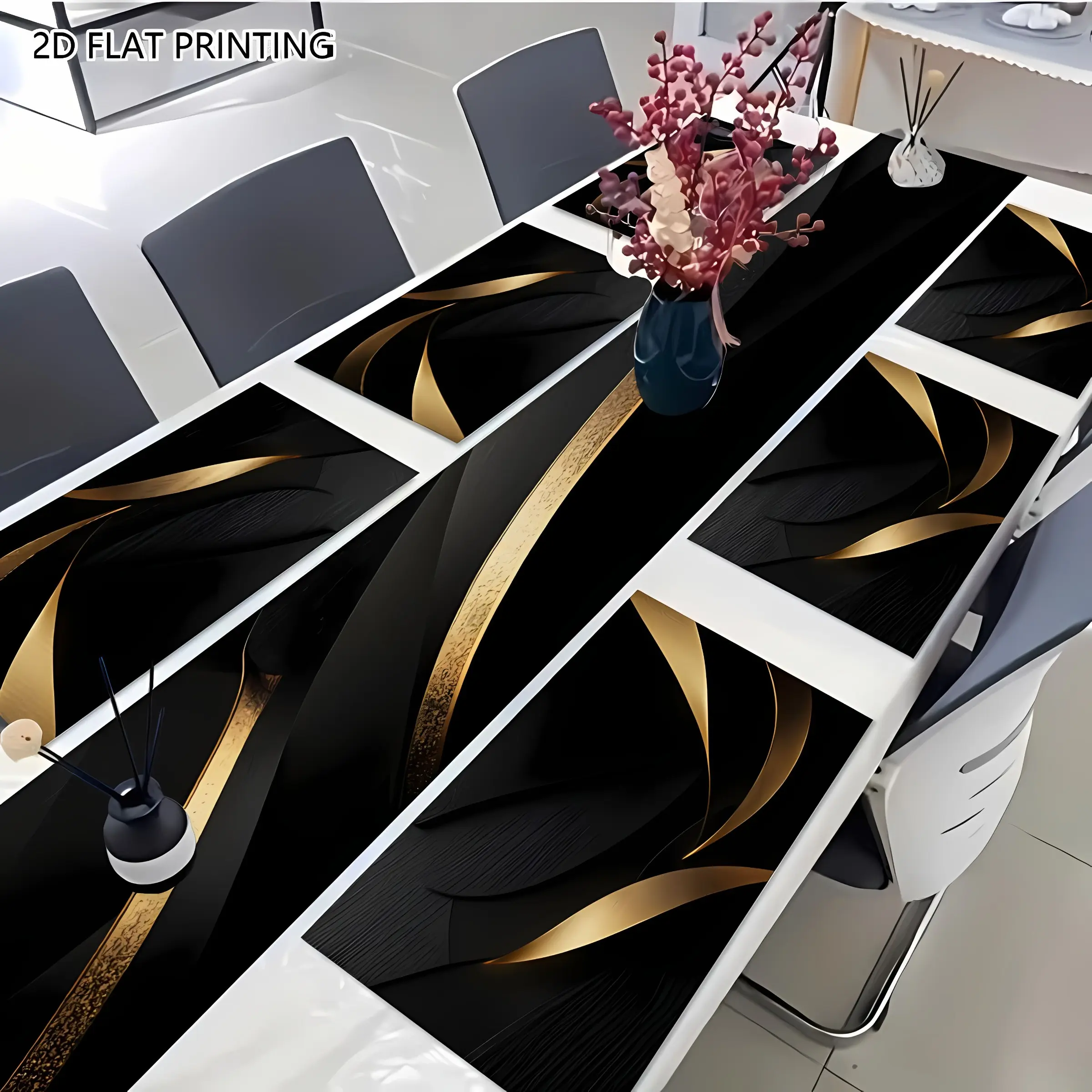 2D flat printing, 1 piece/2 pieces/4 pieces/6 pieces/8 pieces table flag placemat set, Coasters, Table placemats, black and gold abstract wave design, suitable for holiday gatherings, living rooms and dining rooms, and daily dining decoration