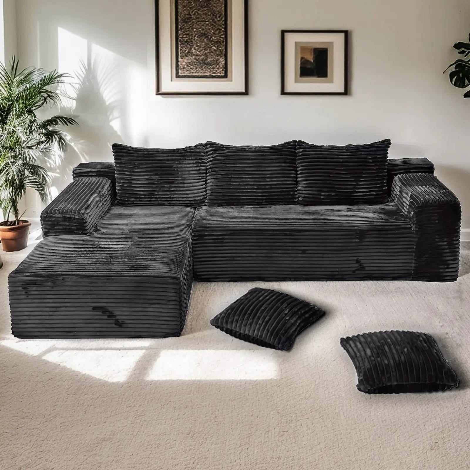Oversized Chaise Lounge Sofa 106" Cloud Sectional Couch with L-Shape Chaise, Upholstered Couches for Living Room Bedroom, Modular Corduroy Cloud Velvet Couch, Convertible Loveseat Sofa Bed, No Assembly Required
