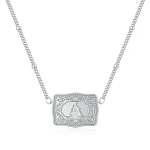 W&J Unisex Square Necklace with Letter Initial Pendant, Embossed Buckle Detail, Stylish Versatile Everyday Jewelry Accessory, Ideal Birthday Gift