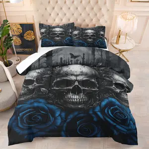 Multiple Skull Design Quilt Set 2-3 Pieces: Diverse Skull Pattern Includes 1 Quilt & 1/2 Pillowcases (No Filler), Covering Vintage, Dark, Street-Style Skull Prints, Soft, Durable & Skin-Friendly, Suitable for Bedrooms, Gaming Rooms, Bedroom Bedding Set