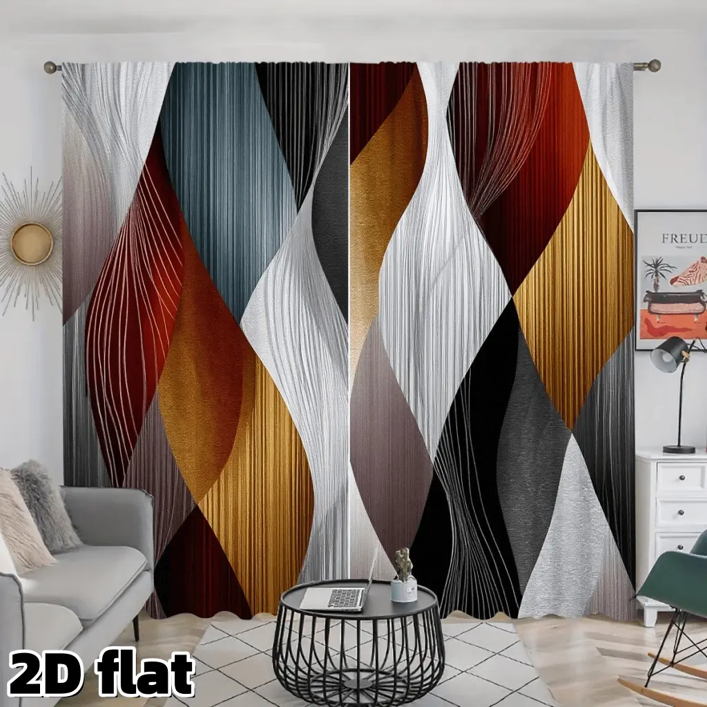 2D Flat 2Pcs Modern Geometric Pattern Curtains, Curtain Panels, Abstract Diamond Design Rod Pocket Style Semi Sunshade Polyester Fabric Multicolor Wave Lines Window Drapes Suitable for Living Room Bedroom Kitchen Home Decoration