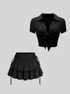 Women's Solid Color Open Front Fitted Crop Blazer & Skirt Two-Piece Set, Classic Sets, Elegant Fashion Casual for Daily Outdoor Wear, Ladies Clothes for Summer, Suits, Womenswear