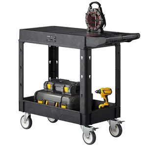 【fathersdaygift】VEVOR Utility Cart,550 lbs Load Capacity31.3 x 17.7-inch Service CartTwo-Shelf Heavy Duty Plastic Utility Cart with 360° Swivel Wheels (2 with Brakes)Suitable for WarehouseGarageCleaning