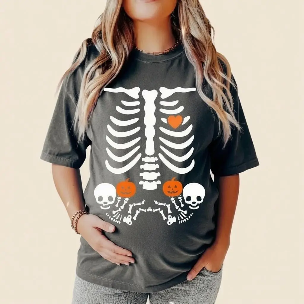 Twins Women X-Ray Skeleton Sweatshirt Halloween Maternity  Sweatshirts - Casual Cozy Halloween Fall Spooky Season Top for Pregnant Twins Mom-To-Be Maternity Tops