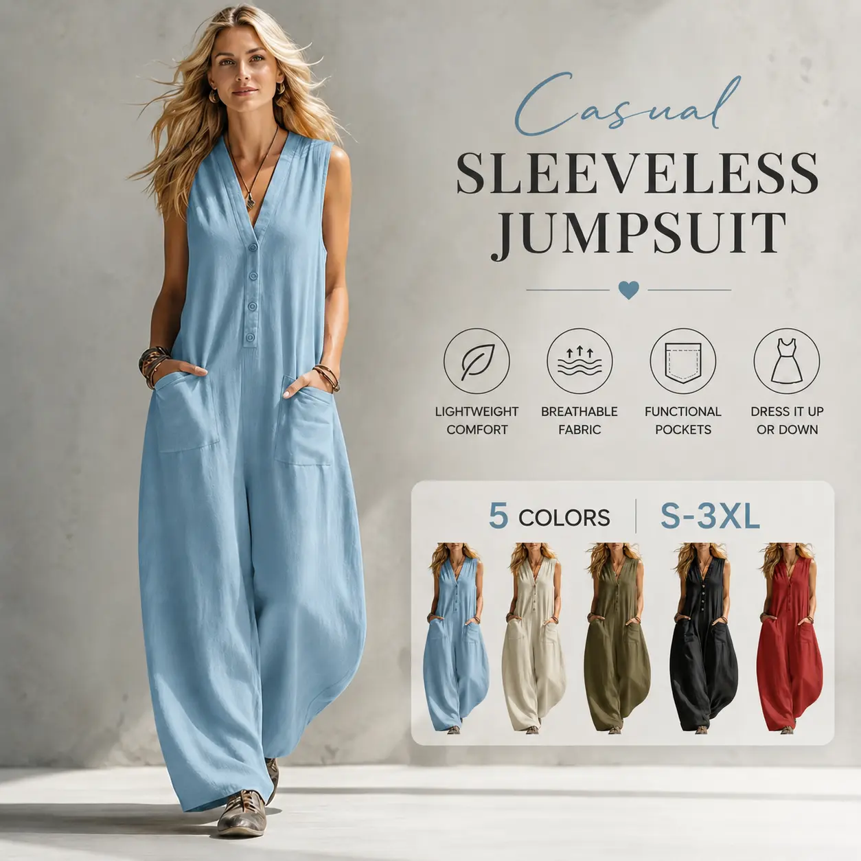 Women Casual Sleeveless V Neck Jumpsuits, Button Front Loose Wide Leg Overalls with Pockets, Lightweight Breathable Linen Blend Rompers, Relaxed Fit Daily Vacation One Piece Outfit