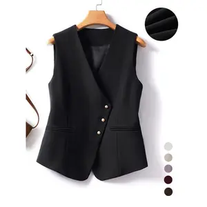 Women's Solid Asymmetrical Button Front Vest Blazer, Elegant V Neck Sleeveless Outerwear, Ladies Spring & Fall Clothes for Work Office Business（gift）