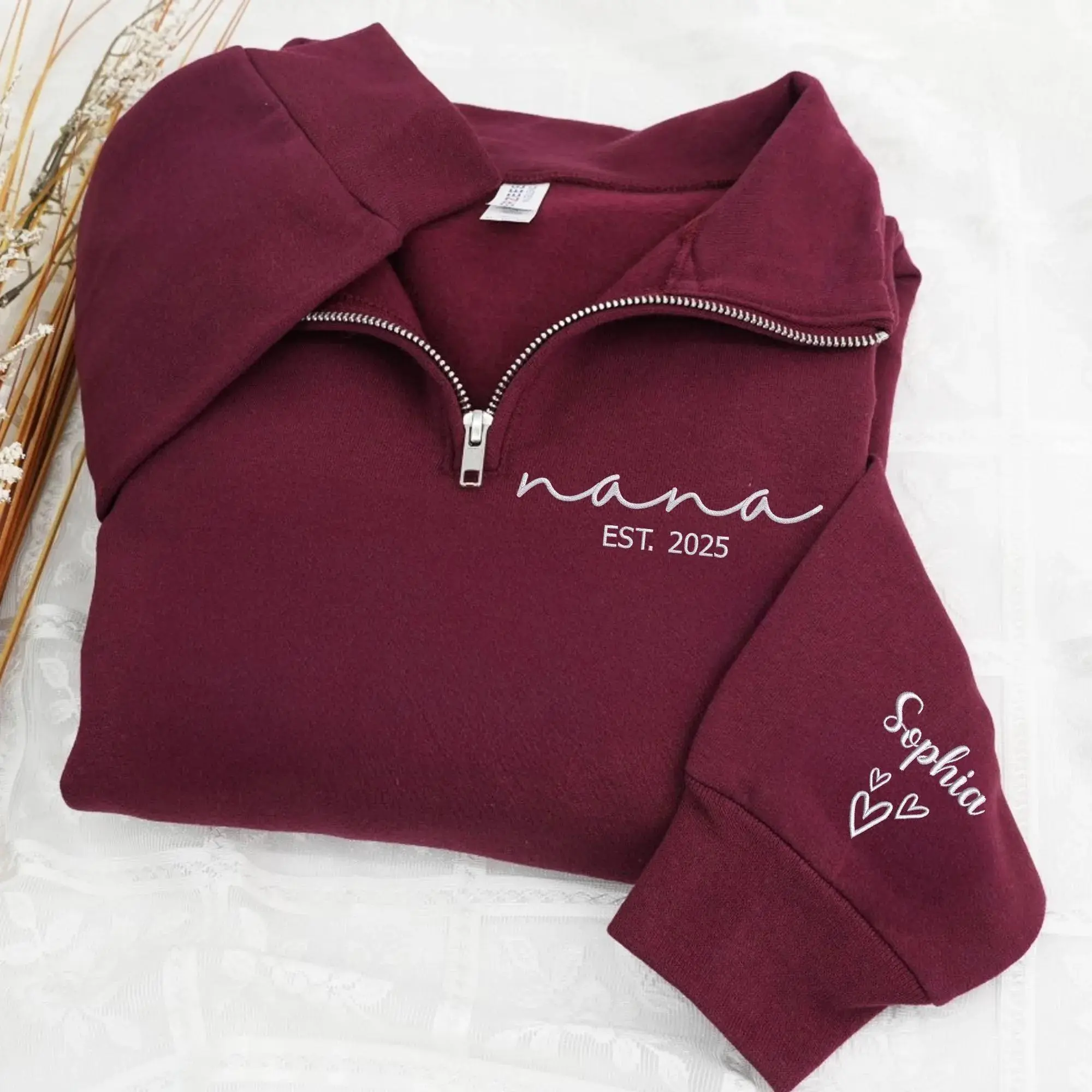 [MAKE IN US]Custom Nana Sweatshirt, Personalized Nana EST Embroidered Quarter Zip Sweater, Christmas Gifts For Grandma, Nana, Mimi, New Grandma Gifts