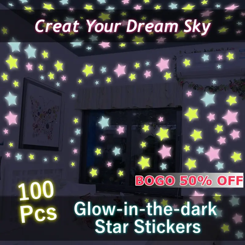100Pcs Luminous Glow-in-the-Dark Star Sticker Packs, Adhesive Decorative Decals, Glowing Star Map Wall Stickers & Murals for Kids Bedroom Nursery Home Ceiling Decor