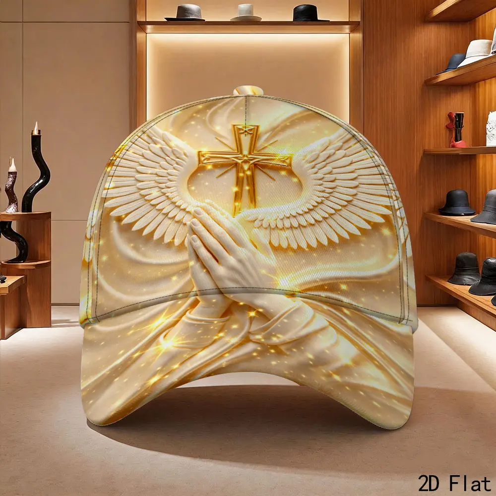 Angelic Design Cap with Golden Cross and Praying Hands Motif for Stylish Headwear