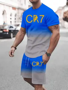 Men's Cr7 Football Sports Set, Summer Gradual Dry Short Sleeve Shorts, Youth Training, Ronaldo Style Jersey Shorts Two-Piece Set