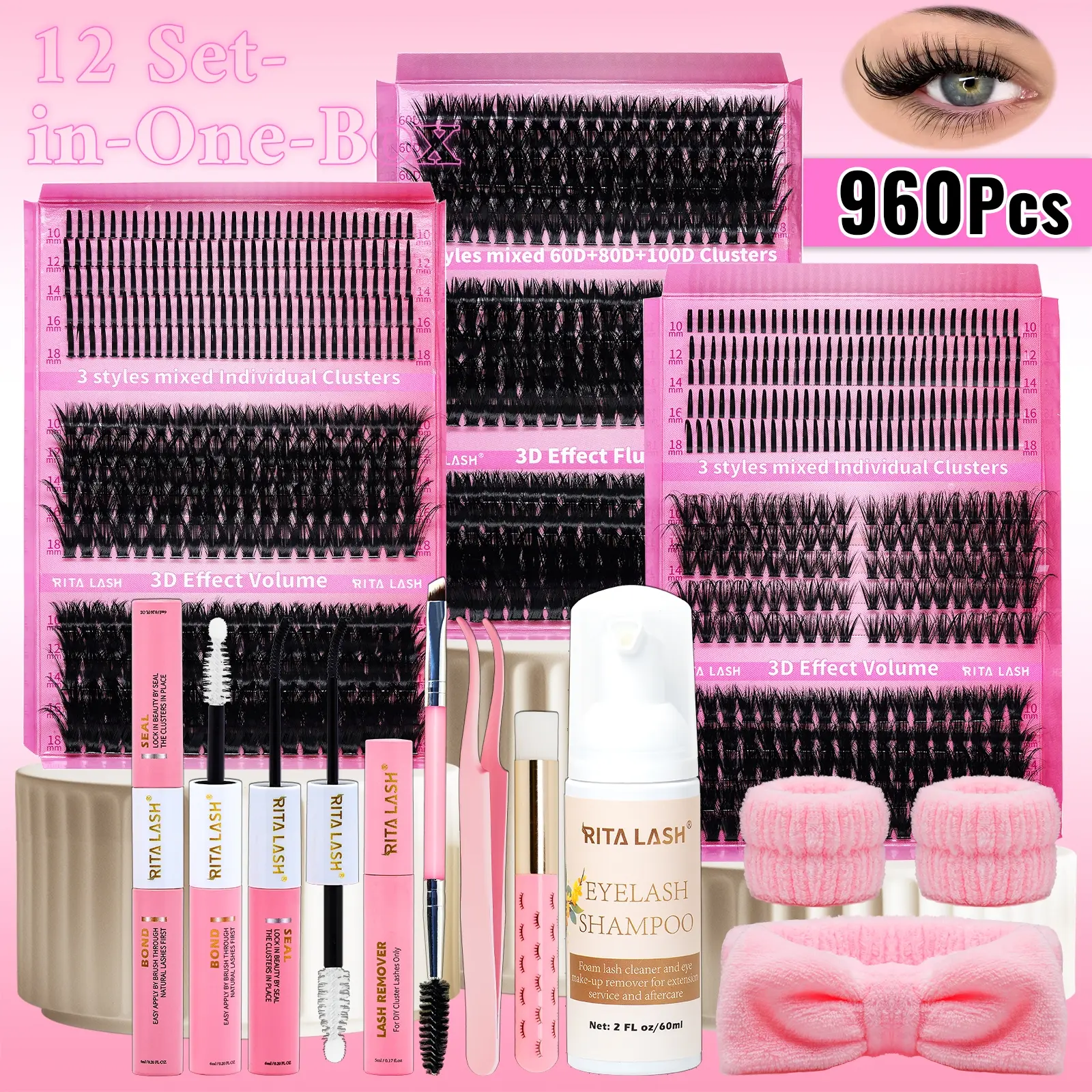 RITALASH 960PCS, Diy Eyelash Extensions, Beauty Tool, Eyelashes Extensions Kit, Spike&Cat Lash D Curl Individual Eyelashes Set With Lash Bond&Seal Lash Remover Tweezers Dual-Ended Brush Shampoo&Brush Headband Wristband Diy Lash Tools