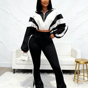 Patchwork Tracksuit Women's Purple/White Fashion Casual Sport Crop Zip-Up Jacket & High-Waisted Skinny Pants Set Soft Stretchy Polyester Spandex for Jogging Sports Athleisure