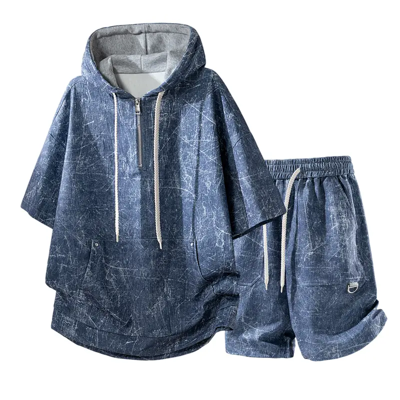 Men's 2-Piece Fashion Clothing Set - Tie-Dye Hooded Half-Zip Polyester T-Shirt, Drawstring Shorts, Sporty Casual Minimalist Summer Outfit with Tie-Dye Street Style, Premium for Daily Wear