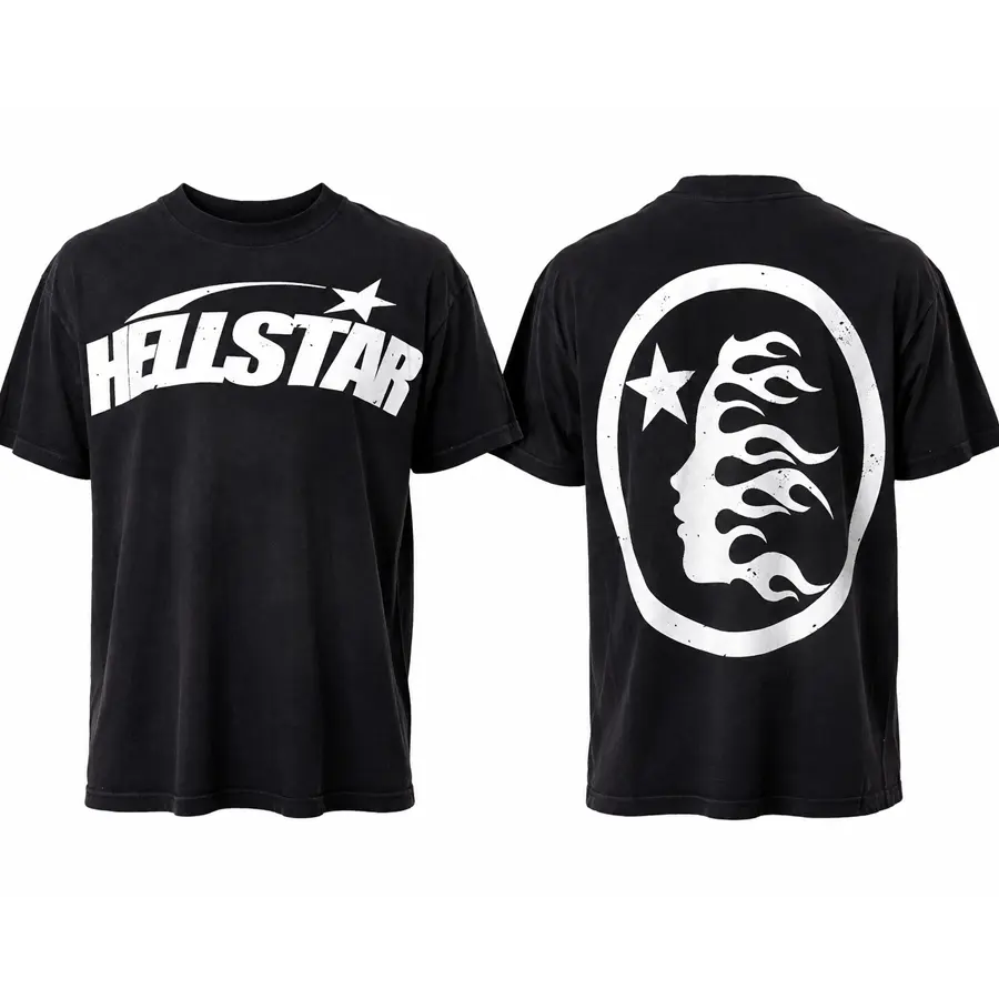 Hellstar Arched Logo Graphic Shirt, Distressed Flame Face Tee, Front Back Y2K Streetwear, Cosmic Urban Fashion Gift