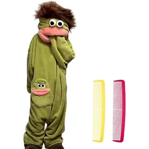 Funny Puppet Onesie Pajamas, Soft Flannel Cartoon Monster Sleepwear with Big Mouth Hood for Adults, Green Loungewear with Matching Pocket