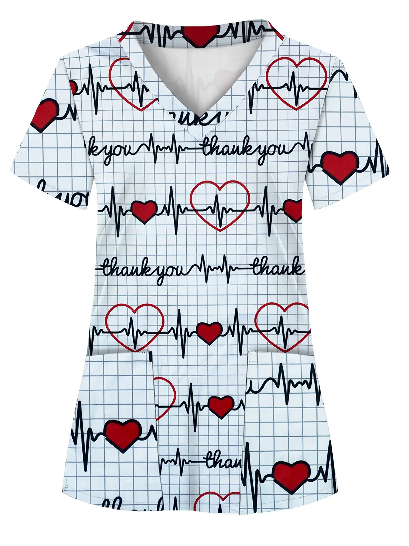 All-Over Print, ECG Pattern, Two Pockets, Women'S Scrub Top, Comfortable T-Shirt for Healthcare Professionals - Soft, Breathable, and Practical Uniform, Suitable for Hospitals, Dental Clinics, Beauty Salons, and Facilities, Nurse Workwear