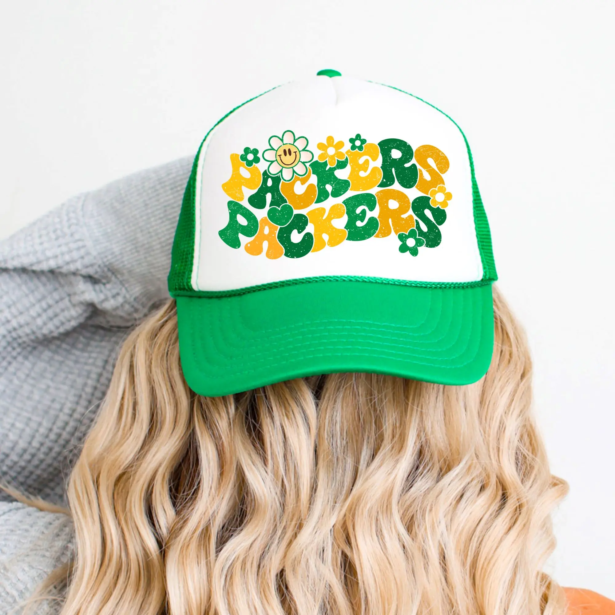 Retro Packers Trucker Hat for Women and Teens - Green and Yellow Team Pride Adjustable Cap - Girly  Flower Power Snapback