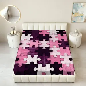 1Pc Puzzle Pink Purple Fitted Sheet Mattress Protector Geometric Theme, Soft Breathable Mattress Protector, Comfortable Bedding Mattress Cover, for Bedroom Guest Room.