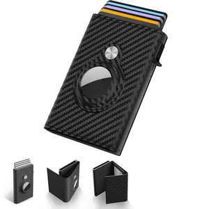 Mens Smart Wallet Card Holder for AirTag Leather,  RFID Blocking, Slim, Carbon Fiber, Minimalist 6-9 Card Capacity ID Window Cash Slot`