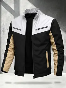 Men's Business Style Colorblock Stand Collar Jacket, Anti-Wrinkle Polyester, Long Sleeve, Fitted, All Seasons, Casual Wear, Coats