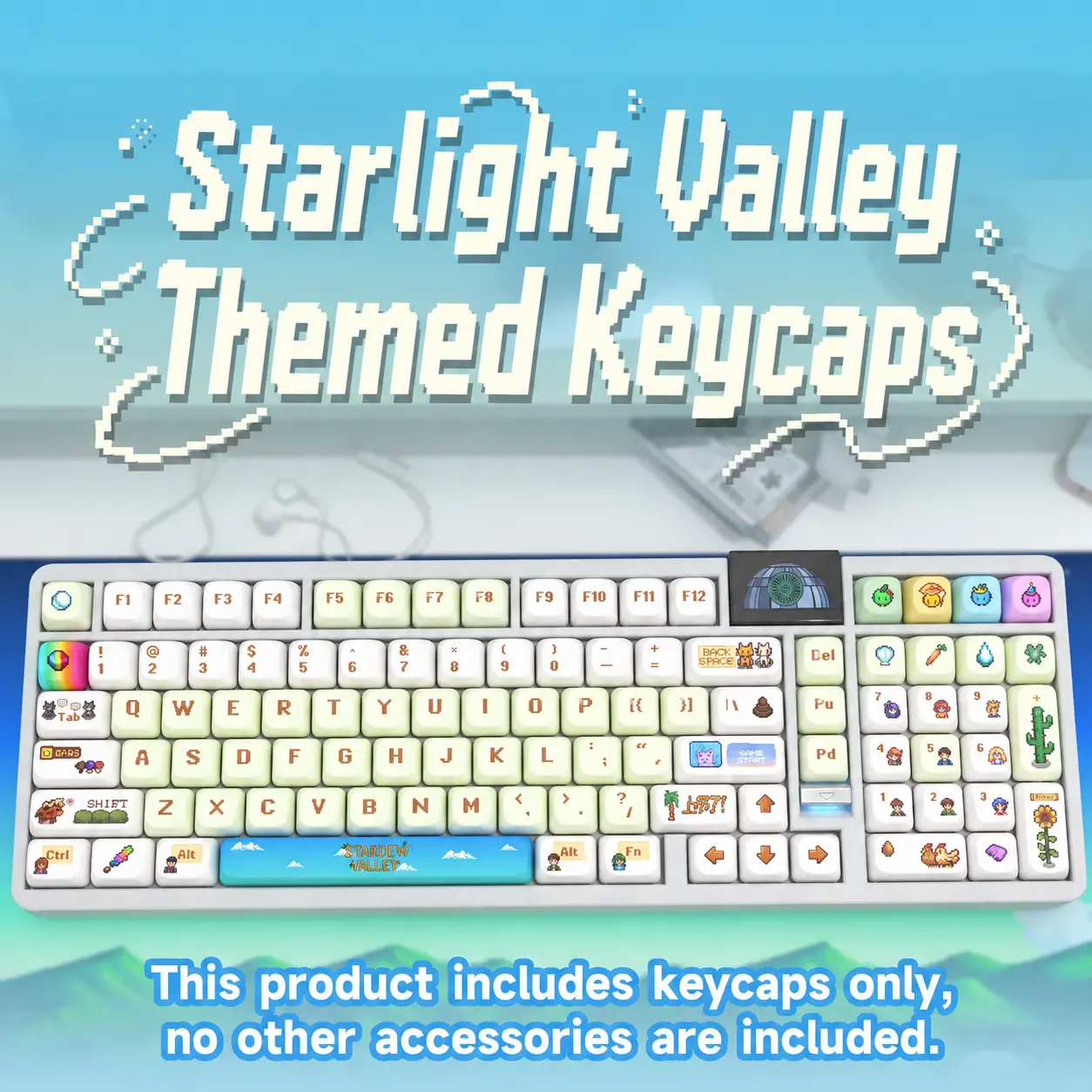 Starlight Valley Themed Keycaps, MOT Profile PBT Dye-Sublimation Keycaps, Cute Cartoon Farm Pixel Keycaps for MX Switch Mechanical Keyboards, for Keyboard Aesthetic Decoration, Desktop Transformation, Keycaps Only, Keyboard Not Included