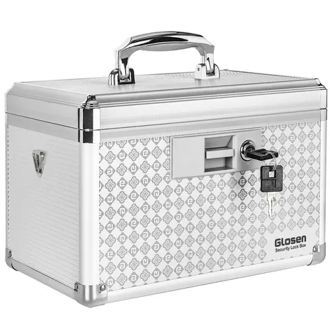 GLOSEN Heavy-Duty Alloy Safety Medicine Lock Box - Classic Rectangular Home Supplies Organiser with Key Lock, Carry Handle, Non-Slip Feet, Anti-Drop, Durable Aluminium Body, Polished Finish for Bedroom Medicine/Personal Items (Black/Silver)
