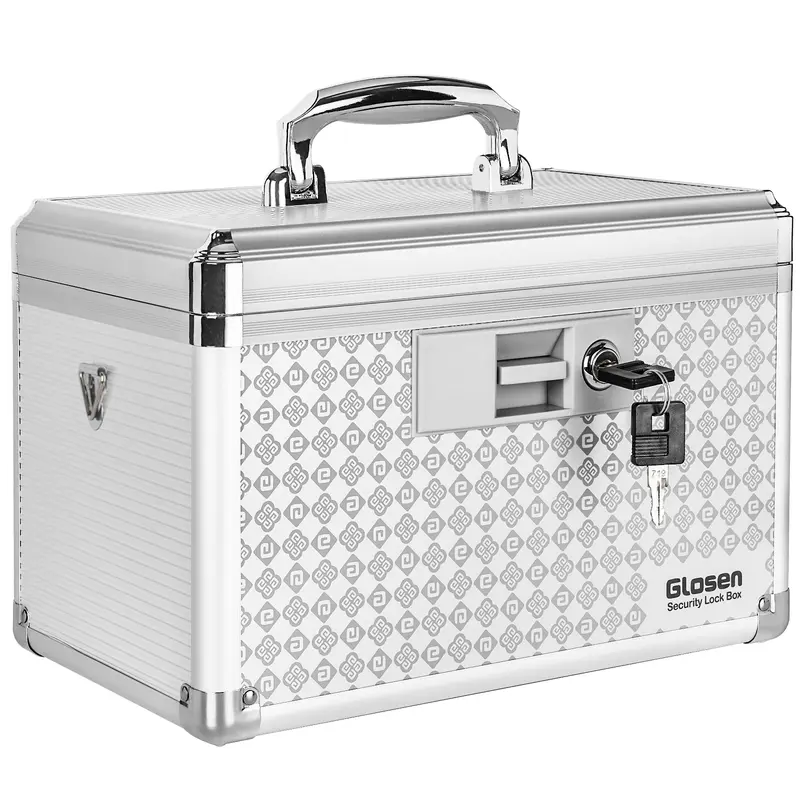 GLOSEN Heavy-Duty Alloy Safety Medicine Lock Box - Classic Rectangular Home Supplies Organiser with Key Lock, Carry Handle, Non-Slip Feet, Anti-Drop, Durable Aluminium Body, Polished Finish for Bedroom Medicine/Personal Items (Black/Silver)