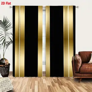 2D Flat  2-Piece Curtain Set, Art Deco Vertical Striped Design with Gold Gradient & White Center Lines, Black Background, Symmetrical Metallic Pattern for Elegant Home Decor, Living Room Bedroom Window Drapes, Home Decoration Curtain