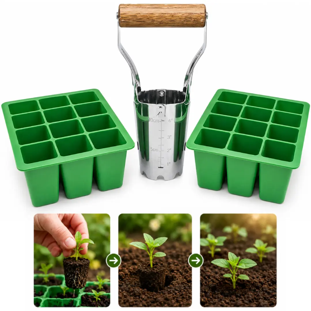 Silicone Seed Starter Tray with Stainless Steel Bulb Planter | 2-Pack 12 Cell Reusable Seed Starting Trays for Planting Vegetable, Flower & Herb Seeds | Indoor Plant Grow Kit for Garden Seedlings, Germination & Propagation, Green