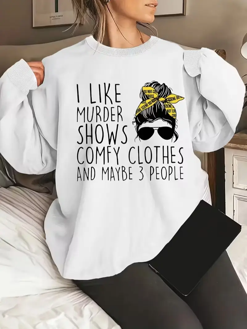 Women's Graphic Chest Print Fleece Crewneck Sweats - True Crime Murder Shows Lover Pullover Sweatshirt, All-Season Wear, Casual Street Long-Sleeve, Holiday Gift Idea