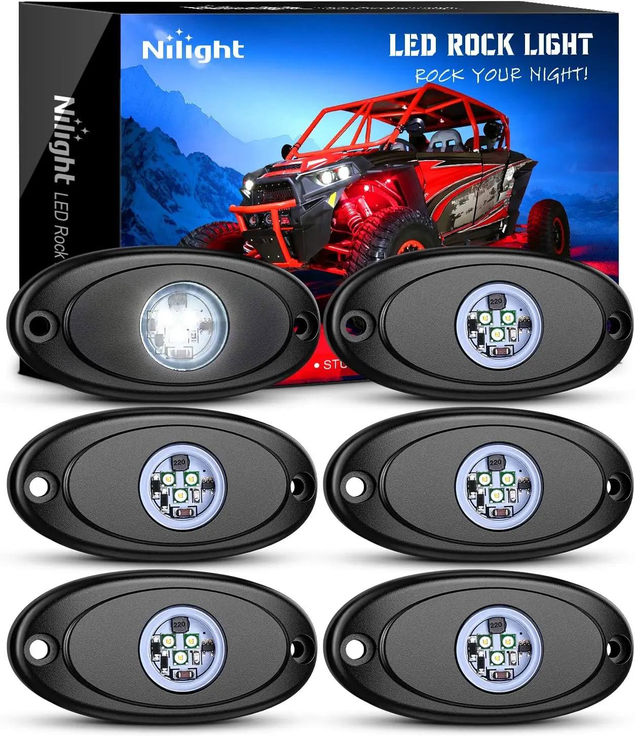 Nilight 6PCS LED Rock Lights Multipack - Aluminum Housing, Weatherproof, 10-32V Range, Long-Lasting High-Visibility LED Light for Car Lighting, Wheel, Truck Bed, Car Glow Up Underbody Kit