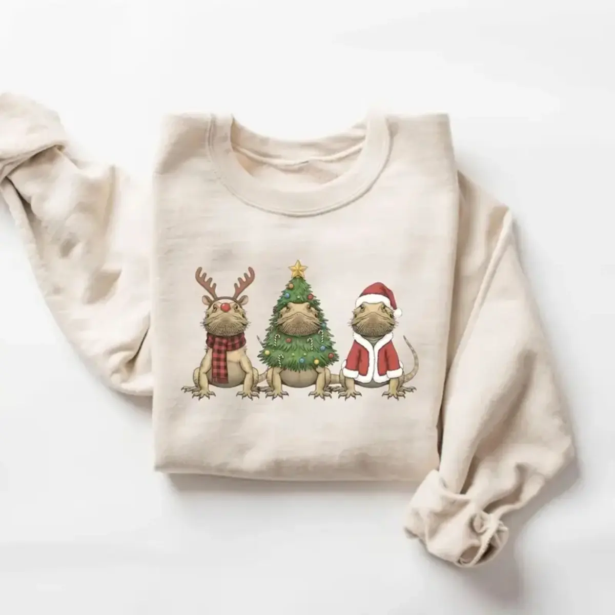 Christmas Bearded Dragon Sweatshirt - Three Cute Bearded Dragons Dressed As Reindeer Christmas Tree And Santa Claus , Funny Holiday Reptile Pullover For Women , Festive Pet Owner Shirt , Christmas Gift For Lizard Moms And Reptile Lovers