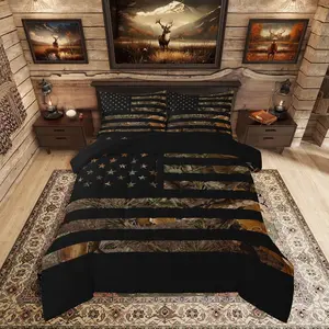 American Flag Camo Bedding Set,Rustic Tree Leaves Camouflage Comforter Set,Military Hunting Down Comforter,Man Nature Conifer Oak Branches Quilt Set