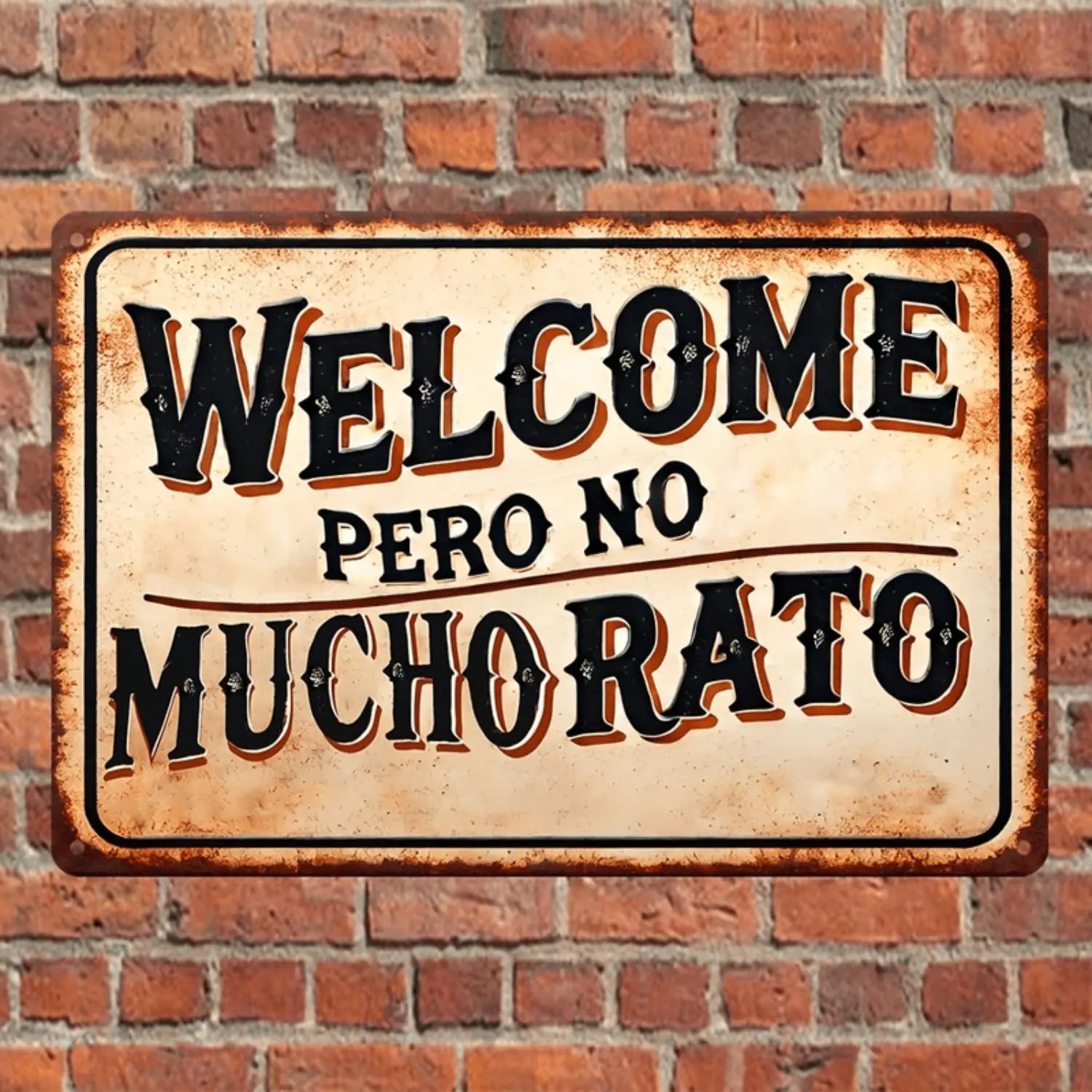 Vintage Spanish Iron Sheet Decorative Welcome Sign - "WELCOME pero no Mucho Rato" - Industrial Graphic Print, Rustic Distressed Rust Effect Metal Wall Art for Home, Porch, Garage, Indoor-Outdoor Use, Western Decor, Yard Sign