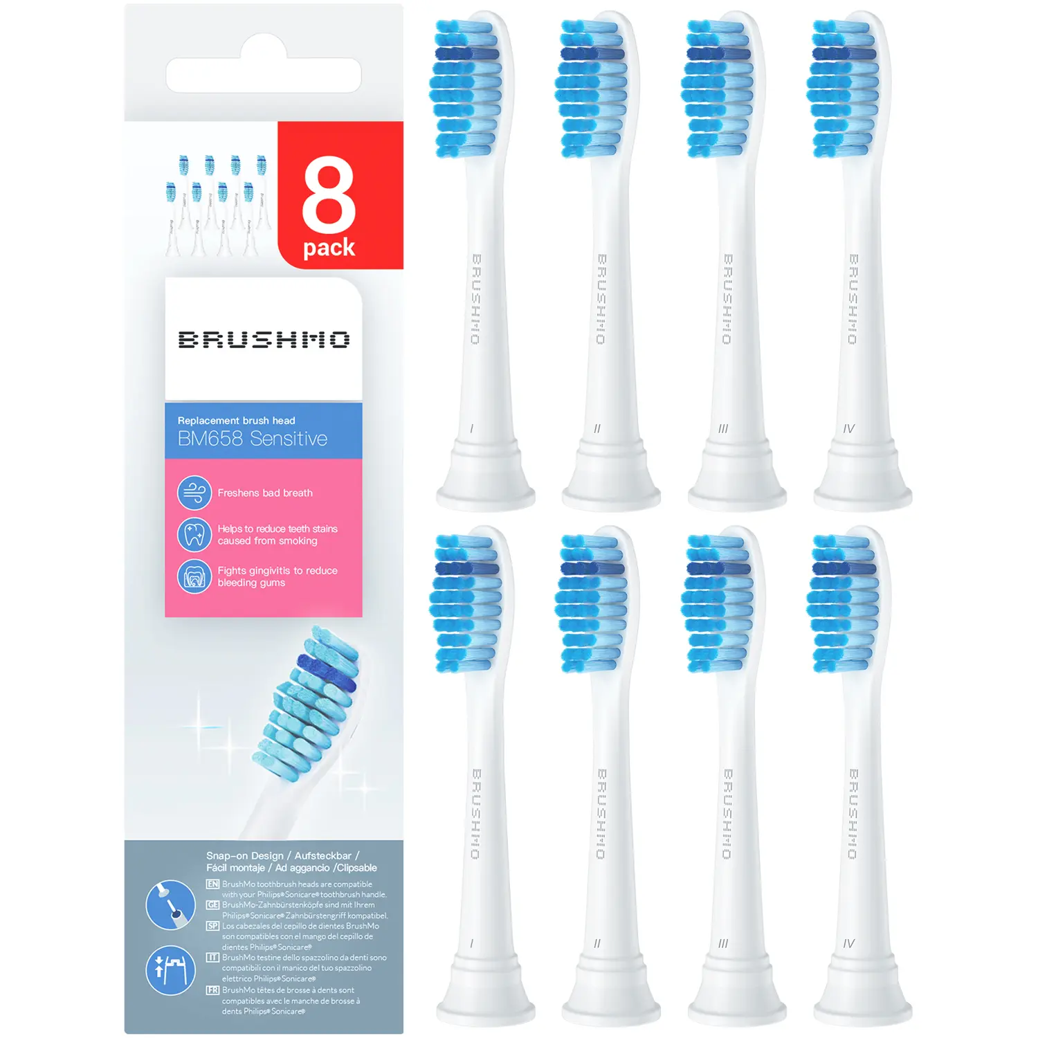 Brushmo Extra Soft Replacement Toothbrush Heads Compatible for Philips Sonicare S Sensitive Teeth Brush HX6053 HX6064 Ultra-Soft Bristles Gentle Cleaning for Gums Care Health, BM658, 8pk Plastic Cleansing Comfort