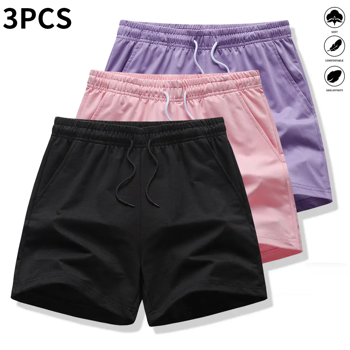 One pack contains 3 women’s casual athletic shorts — solid color; suitable for outdoor sports, fitness, running, and everyday wear; women’s shorts; womenswear, Breathable Fitness Shorts, Solid Colors