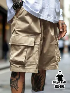 Men's Casual Loose Comfy Plus Size cargo shorts, Fashion Pocket Shorts, Menswear, Drawstring Waistband, Elastic Band, Four Pockets, Perfect for Summer, Daily Wear, Commuting, Street Style, Casual Fashionable Shorts