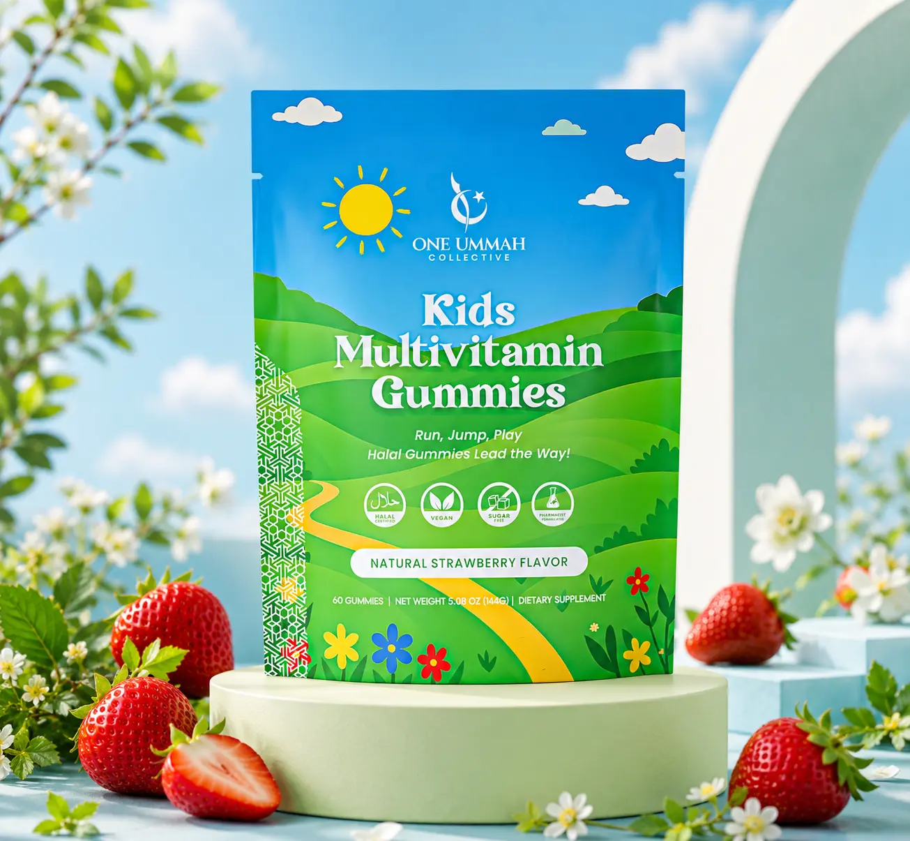 Halal Certified Kids Multivitamin Gummies - Sugar-Free, Easy Digestion, High Absorption - 60 Ct Strawberry Flavor - Zinc, Minerals, Dietary - Balanced Nutritional & B-Vitamin Complex Children Supplements for Energy, Growth