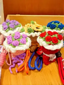 Handmade Crochet Mini Flower Bouquet Keychain Set Cute Knitted Rose Lavender Sunflower Pendant Key Ring Aesthetic Backpack Bag Charm Romantic Gift for Women Girls Her