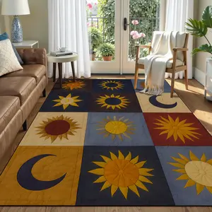 Vintage Plaid Sun Moon Pattern Carpet, Large Area Rug for Living Room Bedroom, Washable Non-Slip Soft Velvet Mat, Home Decor Rugs