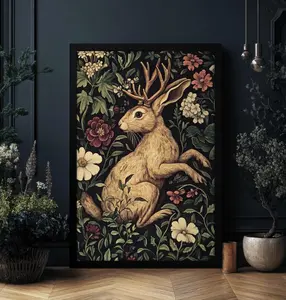 [UNFRAMED POSTER] Jackalope Print Dark Botanical Art, William Morris Style, Dark Cottagecore Mythical Folklore Art, Whimsigoth Print, PRINTED AND SHIPPED